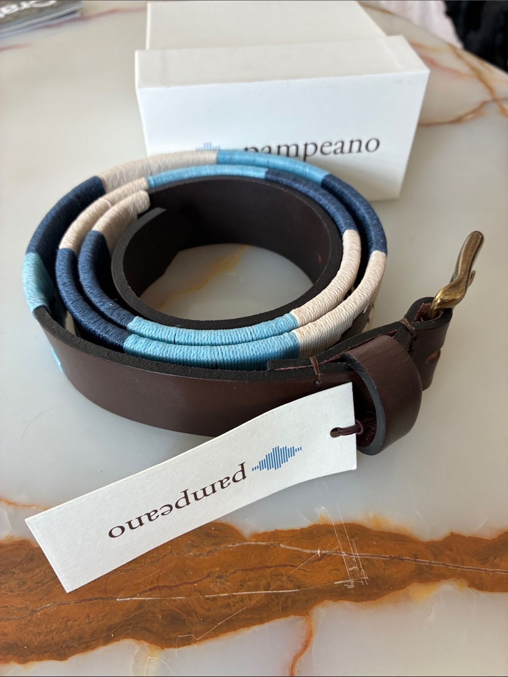 Men’s Brown Leather Belt with Blue & Cream Wrapped Detail